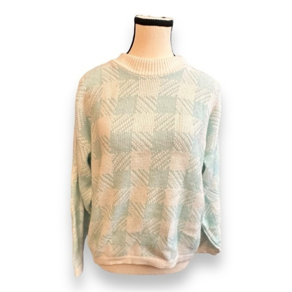 Women’s 90’s Vintage M Jane Adams Houndstooth Blue and White Pullover Sweater